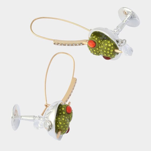 NWT $68 BETSEY JOHNSON Martini Drop Earrings Green Silver Gold Glass Crystals - Picture 2 of 4